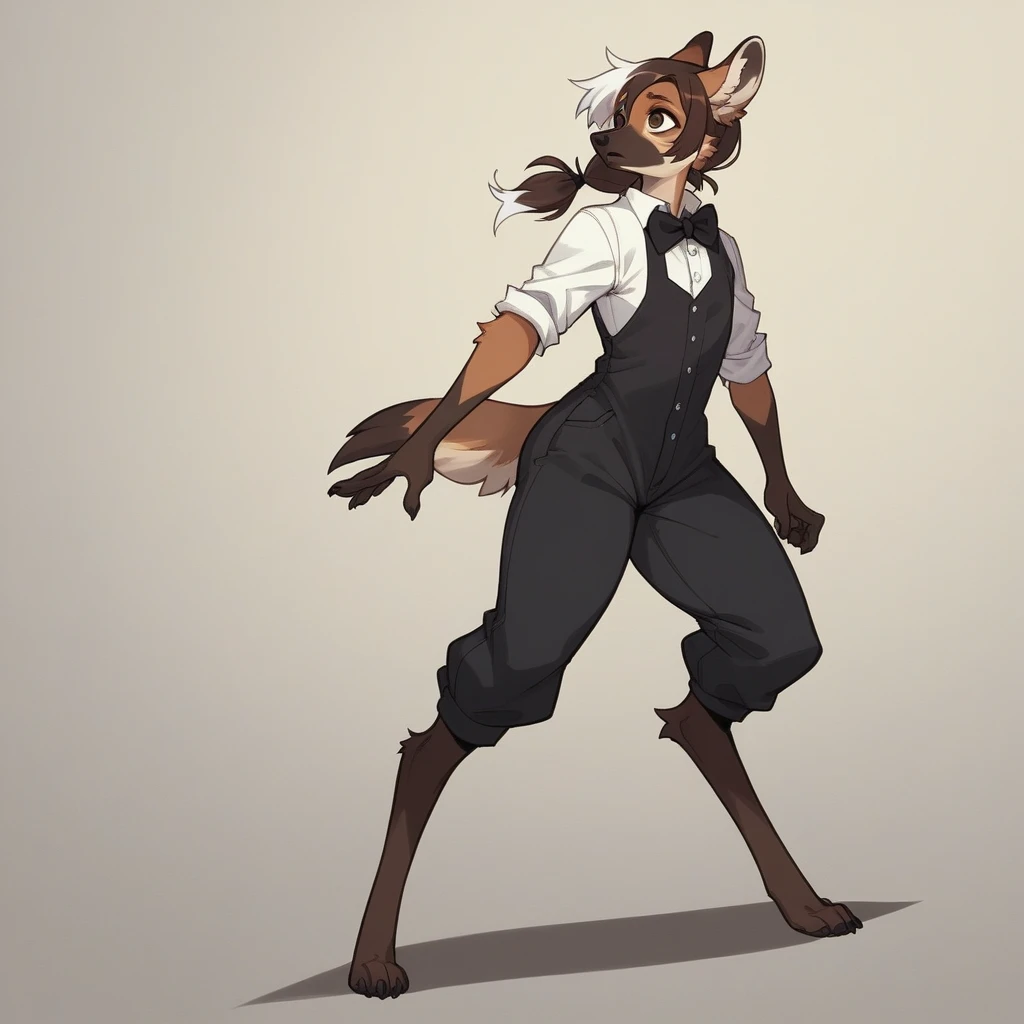 Solo, score_9, score_8_up, score_7_up, score_6_up, score_5_up, score_4_up, source_furry, Anthro, androgynous, anthro furry girl, maned wolf, brown eyes, tall, long legs, thick thighs, , short brown hair, white tips on hair, white highlights on hair, low ponytail. side locks, snout, jitome, bags under eyes, flat chested, wearing men’s clothing, white button up shirt, black bow tie, sleeves rolled up, black dress pants, looking to the side, casual stance