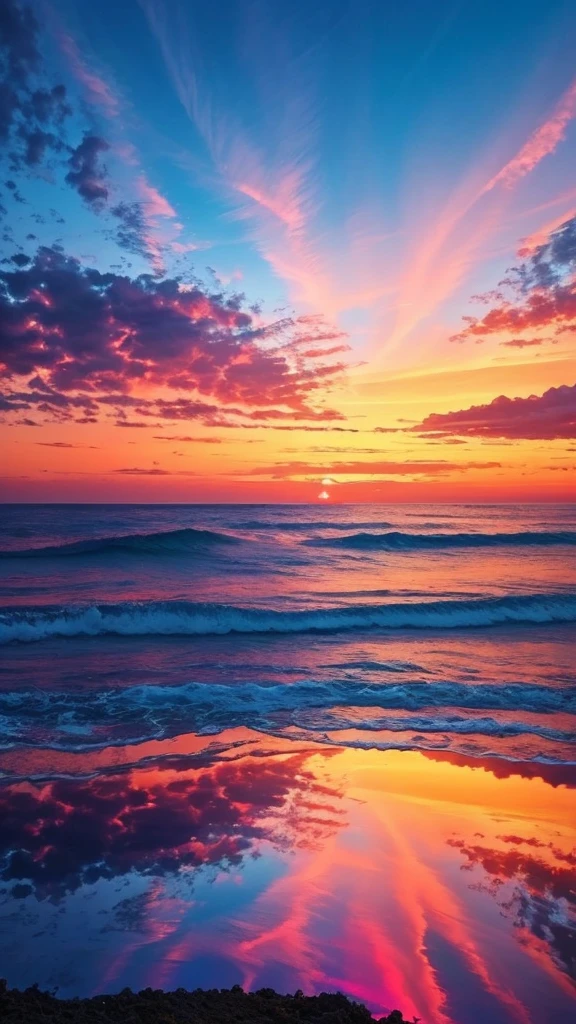 Had a beautiful sunset,The background is the sea,Colorful sky,Surreal colors,Colorful sunsets,Colorful sky,Marvelous sky reflections,stunning skies,Fantastic atmosphere 8K,Colorful flowing clouds,The color is reflected on the sea,surreal sky,Red and blue reflections,Fire reflection,beautiful sky,Beautiful and spectacular dusk,Beautiful Dreamy Landscape,Amazing sky