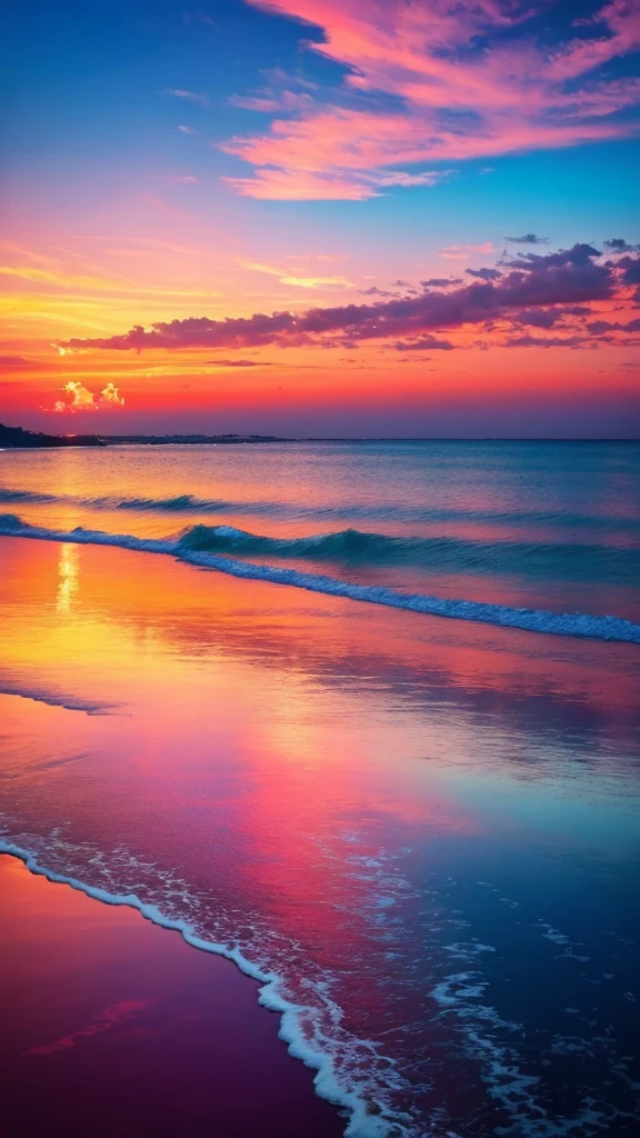 Had a beautiful sunset，The background is the sea，Colorful sky，Surreal colors，Colorful sunsets，Colorful sky，Marvelous sky reflections，stunning skies，Fantastic atmosphere 8K，Colorful flowing clouds，The color is reflected on the sea，surreal sky，Red and blue reflections，Fire reflection，beautiful sky，Beautiful and spectacular dusk，Beautiful Dreamy Landscape，Amazing sky