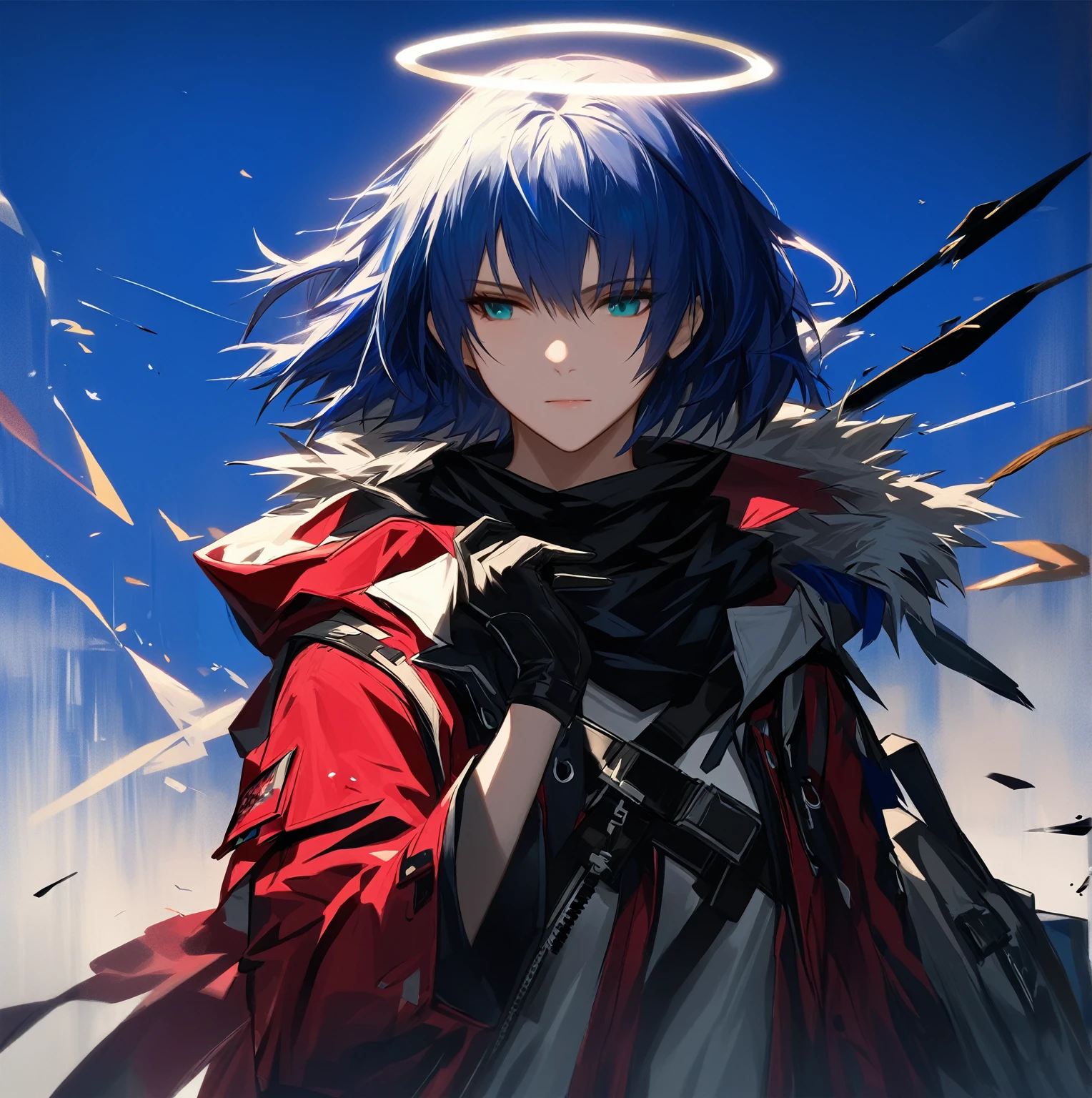 (woman), ((Mostima from arknights)), masterpiece, best quality, blue hair, ((short hair)), horns, plain white shirt, red fullbody coat, dark blue eyes, realistic anime style, faint smile, ((portrait)), black gloves, carring a bag, halo.
