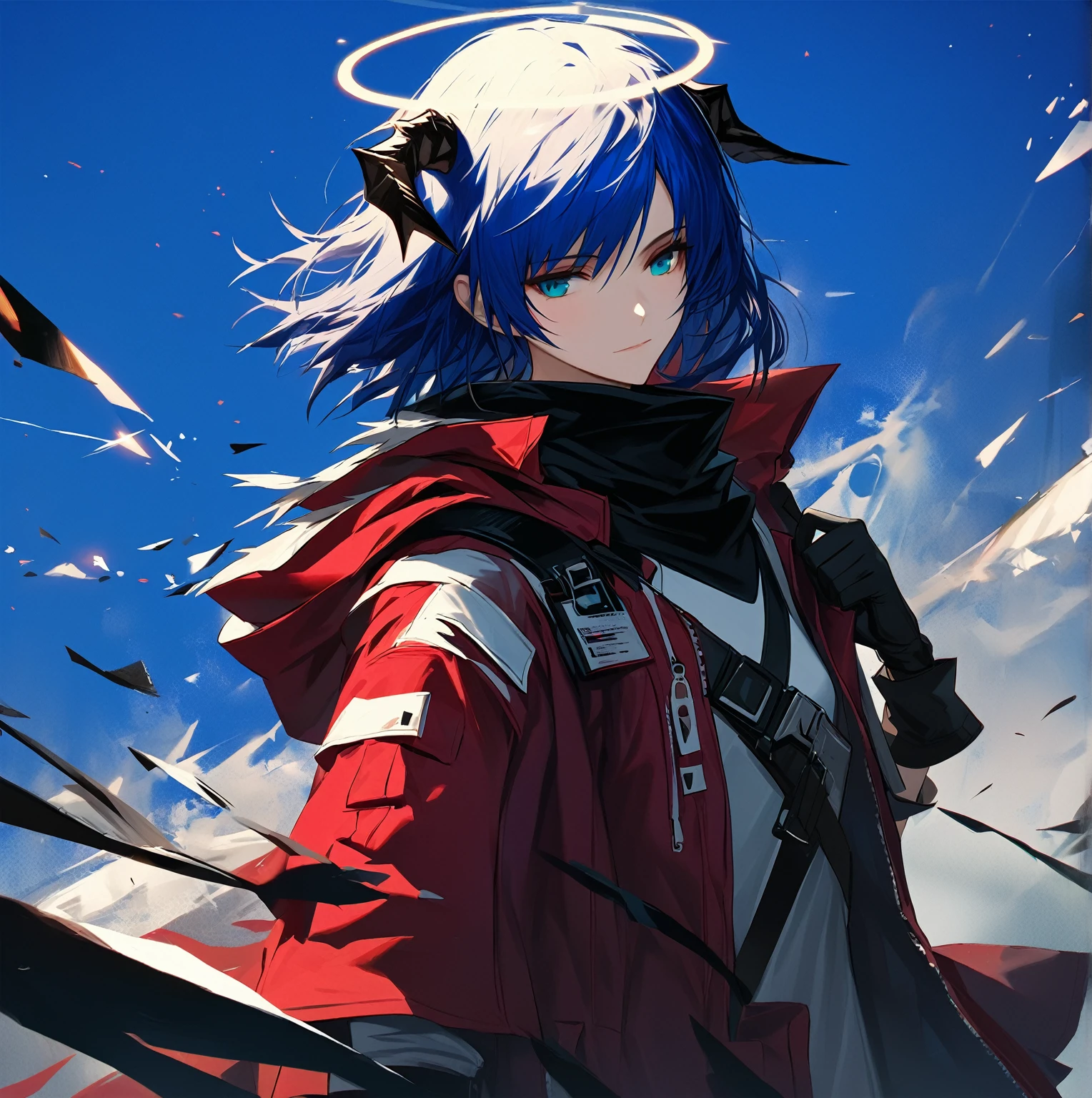 (woman), ((Mostima from arknights)), masterpiece, best quality, blue hair, ((short hair)), horns, plain white shirt, red fullbody coat, dark blue eyes, realistic anime style, faint smile, ((portrait)), black gloves, carring a bag, halo.
