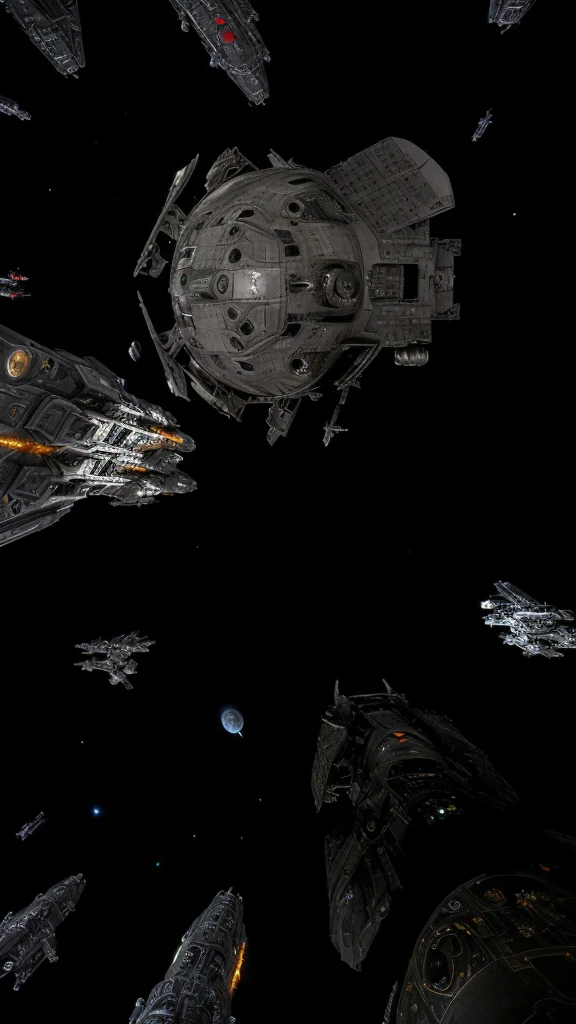 spaceships and a battle moon station in a space with a black background, wide shot of a spaceship battle against a space globe, space moon with a shell of ship parts and space station modules, Epic realistic cinematic space battle, ominous space battle background, landing in epic space battle, sci - fi spaceships in combat with a battle moon, detailed space battle, photo realistic space battle, orbiting space ships, battle moon space station flying in background, best