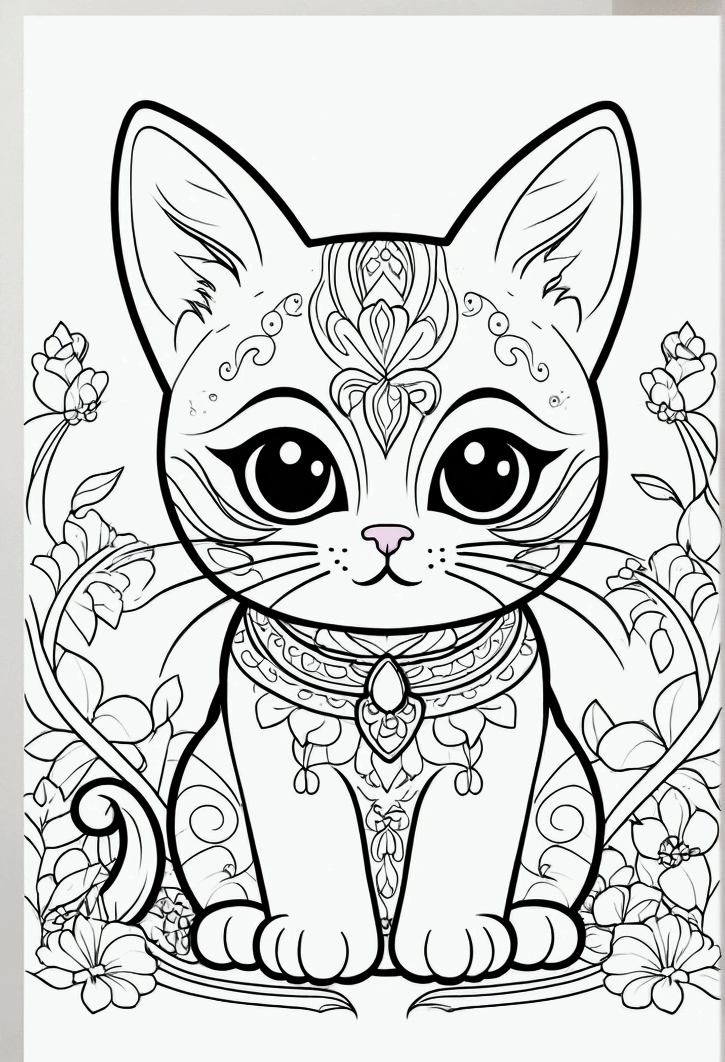 pussycat,cuddly, chibi, simple background, adorable animal, kawaii, vibrant colors, A printable black and white coloring page featuring cats, clean line art, The line is quite simplified.