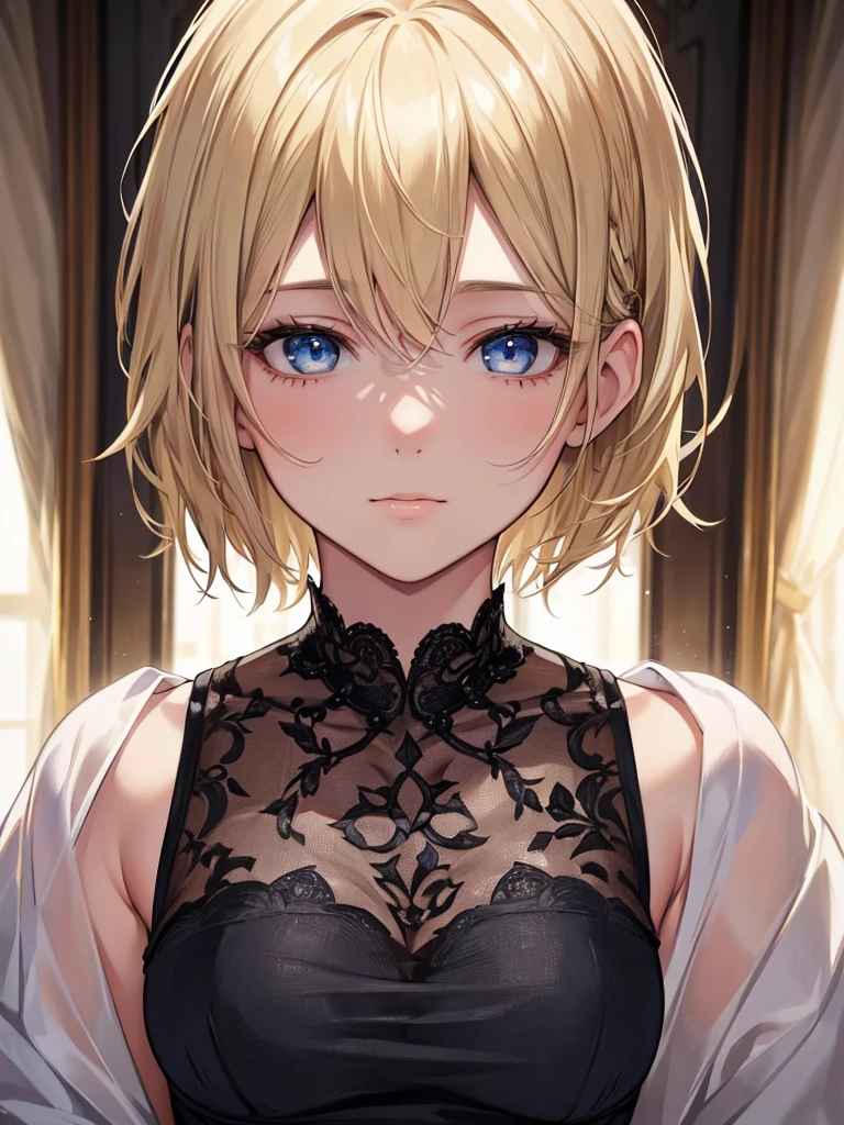 (masterpiece: 1.2, Highest quality), Realistic, (Realistic Picture, Intricate details, Depth of written boundary), Highest quality, masterpiece, Very detailed, Semi Realistic, 1 girl, Mature Woman, 21 years old, Blonde, shoulder-length short hair,, The left eye is covered with hair, blue eyes, King's Clothes, Red Cape, Slim figure, A crown made of precious gold, Read the document, Document marking, Goose hair pen, Office Table, Soft bench, palace, palaceで, middle ages