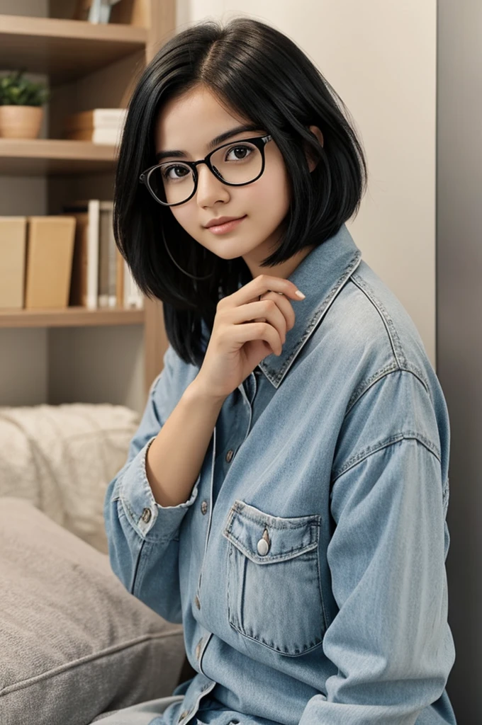 A girl with a short black hair with a glasses wearing nothing