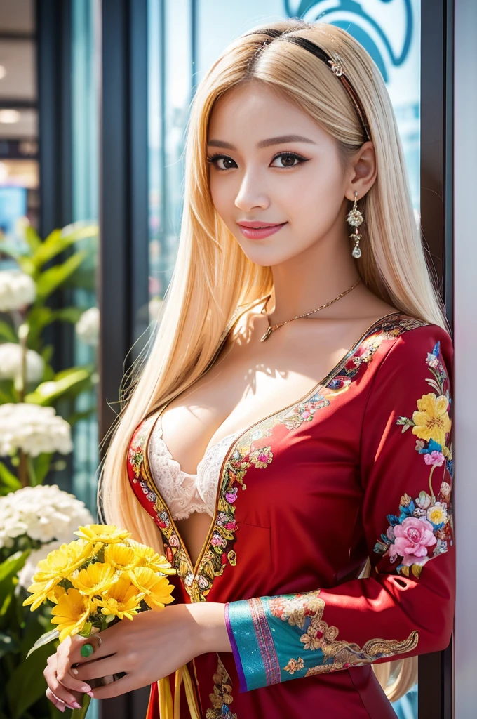 (masterpiece:1.4), (best quality:1.4), ultra high res, ultra high resolution, ((detailed facial features)), HDR, (realistic, photorealistic, photo-realistic:1.37), full body shot, sexy seductive Thai woman, (seductive smile), (slim girl), long lashes, beautiful makeup, platinum blonde hair, fair skin, elegant posture, wearing large sparkling colorful jewelery, wearing a red cosplay dress with black floral embroidery, ultra detailed exotic rainbow-colored butterflies flutter around, standing in a large shopping mall, gentle sunlight shining through the shopping mall windows, casting a soft glow on her face, adding warmth to the scene, vibrant colors, capturing the essence of vibrant city life, portrait style, showcasing her natural beauty and grace in a feminine way