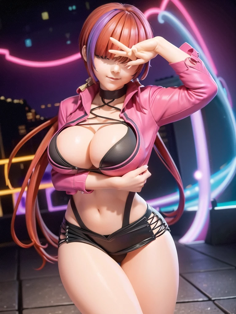 (night), in a video game scene with a neon background and a neon light,
Standing at attention,
pink suit, pink jacket, choker, neckline, clothing cut, 
earrings, purple hair, she has long bangs in her hair that cover her eyes ((hair over eyes)),
1 girl, 20 years old, Young woman, Beautiful finger, Beautiful long legs, Beautiful body, Beautiful nose, Beautiful character design, perfect face,
looking at viewer (focusing on his face), mouth closed, Light_Smile,
official art, extremely detailed CG unity 8k wallpaper, perfect lighting, colorful, bright front lighting, shiny skin,
(masterpiece: 1.0), (best_quality: 1.0), ultra-high resolution, 4K, ultra-detailed,
photography, 8K, HDR, high resolution, absurdities:1.2, Kodak portra 400, film grain, blurred background, bokeh:1.2, lens flare, (vibrant_color:1.2), professional photography,
(Beautiful, breasts: 1.4), (beautiful_face: 1.5), (narrow_waist),