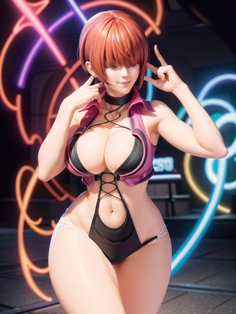 (night), in a video game scene with a neon background and a neon light,
Standing at attention,
pink suit, pink jacket, choker, neckline, clothing cut, 
earrings, purple hair, she has long bangs in her hair that cover her eyes ((hair over eyes)),
1 girl, 20 years old, Young woman, Beautiful finger, Beautiful long legs, Beautiful body, Beautiful nose, Beautiful character design, perfect face,
looking at viewer (focusing on his face), mouth closed, Light_Smile,
official art, extremely detailed CG unity 8k wallpaper, perfect lighting, colorful, bright front lighting, shiny skin,
(masterpiece: 1.0), (best_quality: 1.0), ultra-high resolution, 4K, ultra-detailed,
photography, 8K, HDR, high resolution, absurdities:1.2, Kodak portra 400, film grain, blurred background, bokeh:1.2, lens flare, (vibrant_color:1.2), professional photography,
(Beautiful, breasts: 1.4), (beautiful_face: 1.5), (narrow_waist),