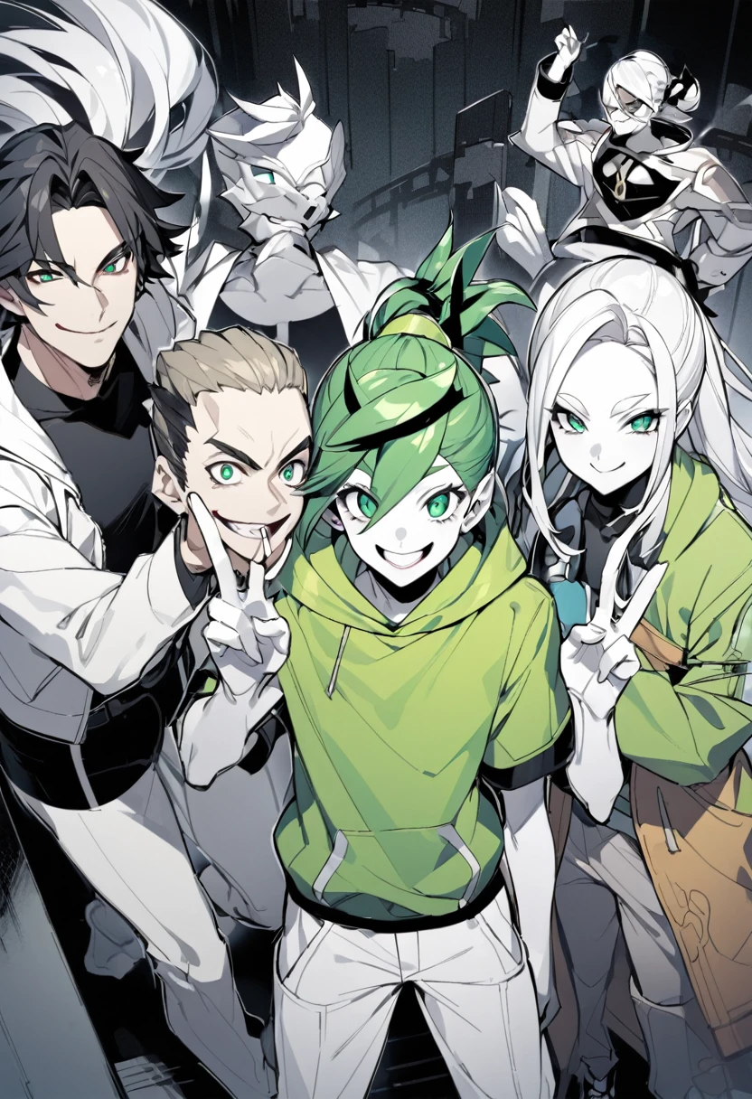 Piers、With a smile、Standing、Nez、Make a peace sign、Highest quality、One man、White skin、白と黒Hair、ponytail、Pokemon、Piers、Black and white stripes々Hair、白と黒が交互Hair、長いponytail、Drooping eyes、Green Eyes