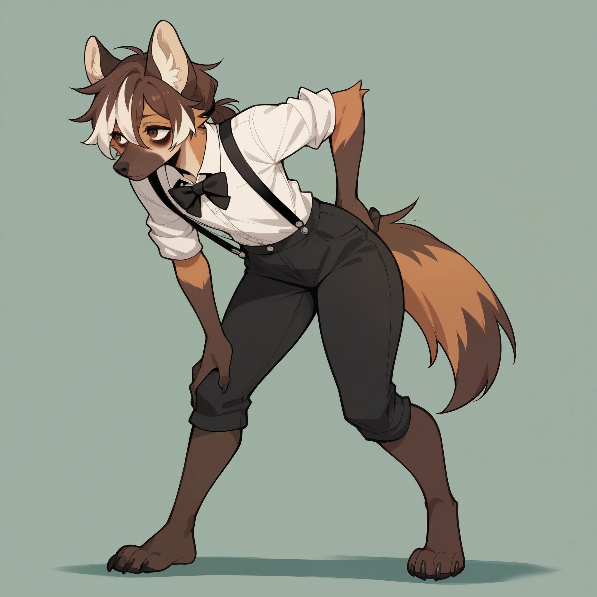 Solo, score_9, score_8_up, score_7_up, score_6_up, score_5_up, score_4_up, source_furry, Anthro, androgynous, anthro furry girl, maned wolf, brown eyes, tall, long legs, thick thighs, , short brown hair, white tips on hair, white highlights on hair, low ponytail. side locks, snout, jitome, bags under eyes, flat chested, wearing men’s clothing, white button up shirt, black bow tie, sleeves rolled up, suspenders, black pants, looking to the side, casual stance