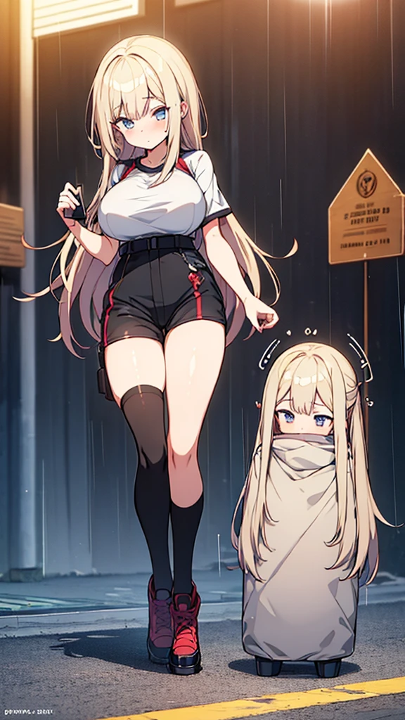 Full body image, front, One girl, 18-year-old, Mix 4, (32K, RAW Photos, Highest quality, masterpiece:1.2), (Anime-like, photoAnime-like:1.37), cute, Short sleeve T-shirt,Shorts,Black knee socks, night, rain, Humidity, Professional Lighting, Photon Mapping, Radio City, Physically Based Rendering, Super Resolution, (Big Breasts:1.2), {{The biological weapon that had preyed on the younger sister took her place and reunited with the older brother.}}, Girl Skull, whole body, NSFW