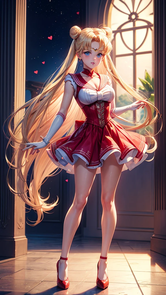 Digital Art adult woman with blonde hair, blue eyes, two buns, heart shaped face in red lace dress with high heel shoes standing similar to Usagi Tsukino character from Sailor Moon anime style 