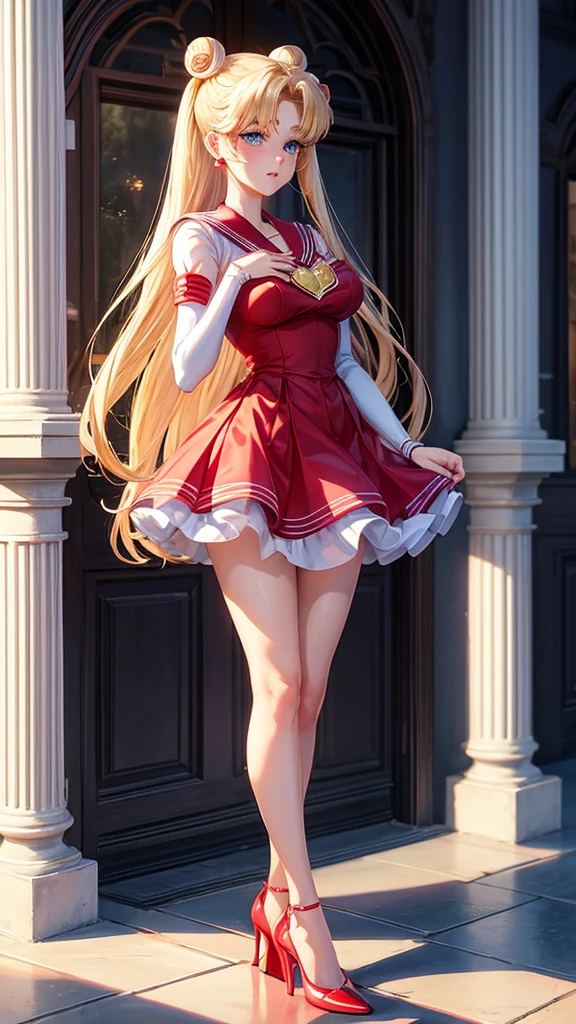 Digital Art adult woman with blonde hair, blue eyes, two buns, heart shaped face in red lace dress with high heel shoes standing similar to Usagi Tsukino character from Sailor Moon anime style 