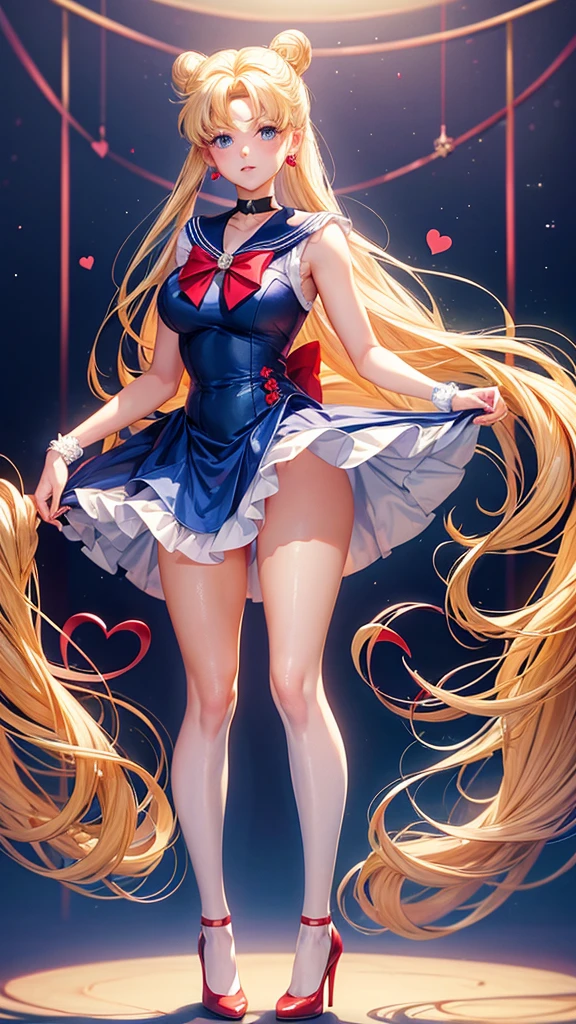 Digital Art adult woman with blonde hair, blue eyes, two buns, heart shaped face in red lace dress with high heel shoes standing similar to Usagi Tsukino character from Sailor Moon anime style