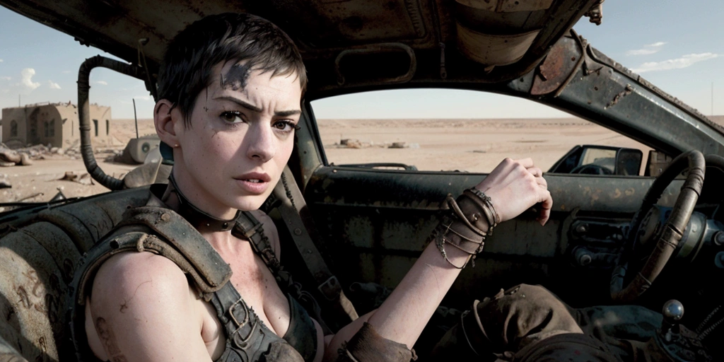 A detailed shot of Anne Hathaway as Furiosa, in a deserted city. Abandoned, desolated city. . A postapocaliptic shot. wasteland. George Miller´s Mad Max Fury Road. Cinematic. 4k. HD.