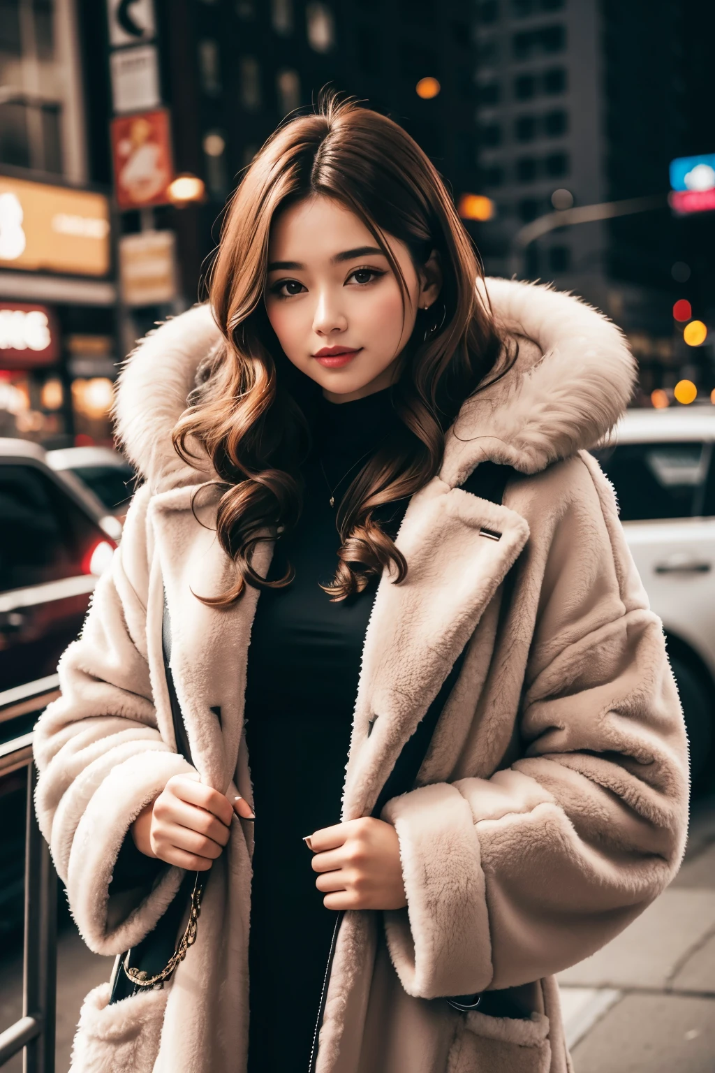 a woman in a fur coat in NY with curly brown hair