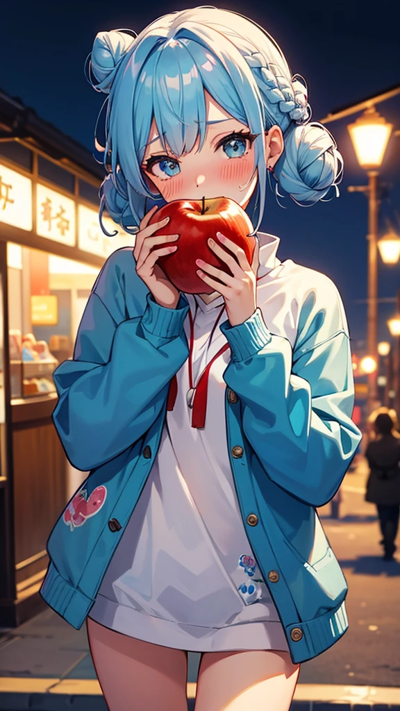 Wearing a souvenir jacket、woman、Eating an apple、Night Port、Embarrassed expression、 light blue hair, ear blush, full blush, Draw a clear face, Sea-view harbor, Eat an apple, Embarrassed face, Blushing, アニメ, Embroidered with Japanese patterns, varsity jacket, gradient hair, braided bun, cinematic lighting, uhd, highres, best quality, 8k