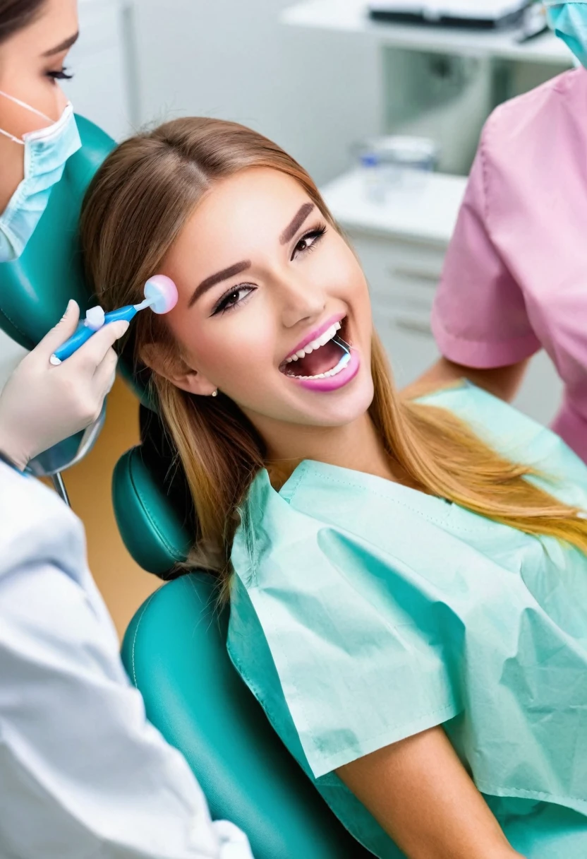 Anime dentist treatment with laughing gas with girl on the chair who has her mouth open