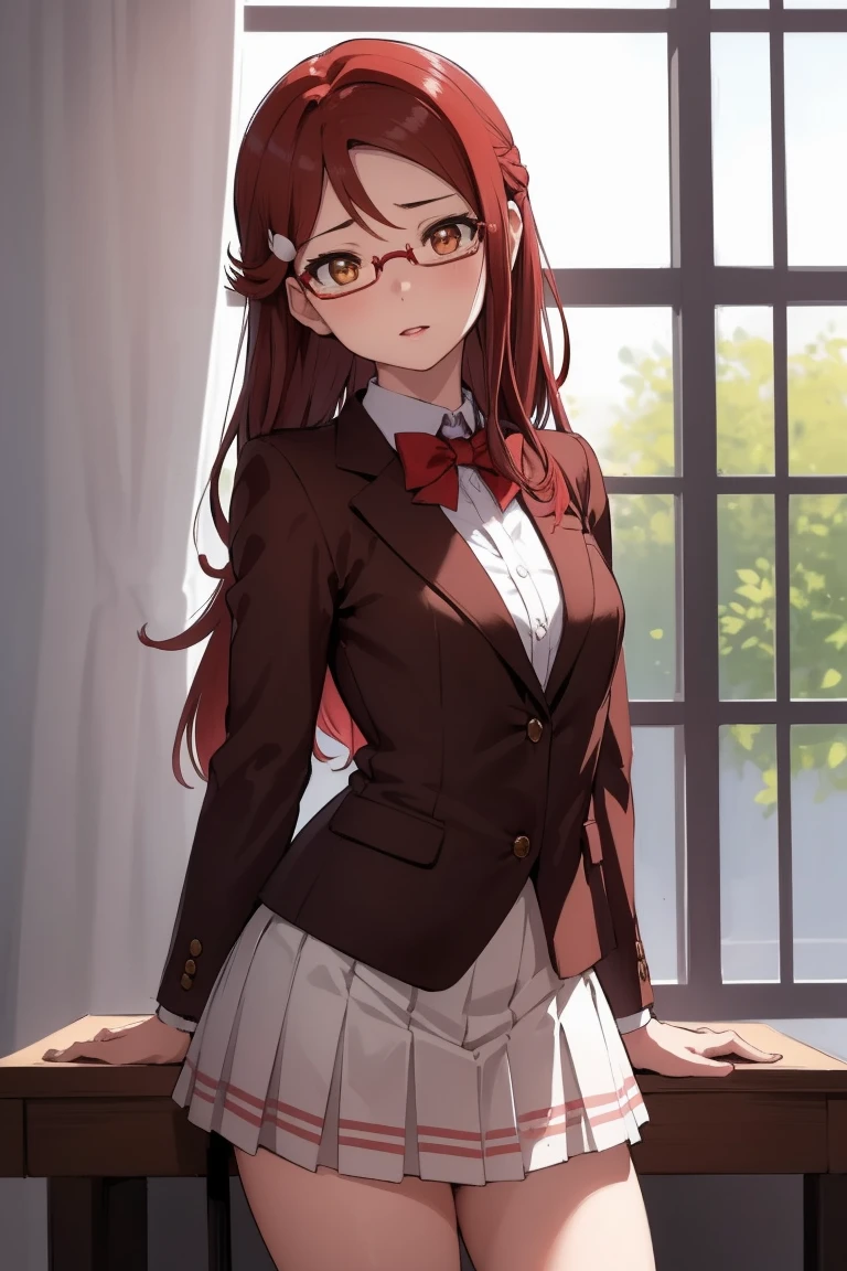 Rikosakurauchi, Riko Sakurauchi, (Brown eyes:1.5), hair between the eyes, wide, (Red hair:1.5), (Little mom:1.2),
BREAK glasses, high advanced breeding , Jacket de sport, red Jacket de sport, bow, bowtie, collar shirt, Jacket, long sleeves, pleated skirt,
REST looking at the viewer, standing,(from below:1.2), (Leaning forward:1.2), (arms behind the back:1.2),
break inside, classroom,
BREAK (Masterpiece:1.2), Best Quality, high resolution, unity wallpaper 8k, NSFW,(illustration:0.8), (Beautiful detailed eyes:1.6), extremely detailed face, perfect lighting, Extremely detailed CG, (perfect hands, perfect anatomy),