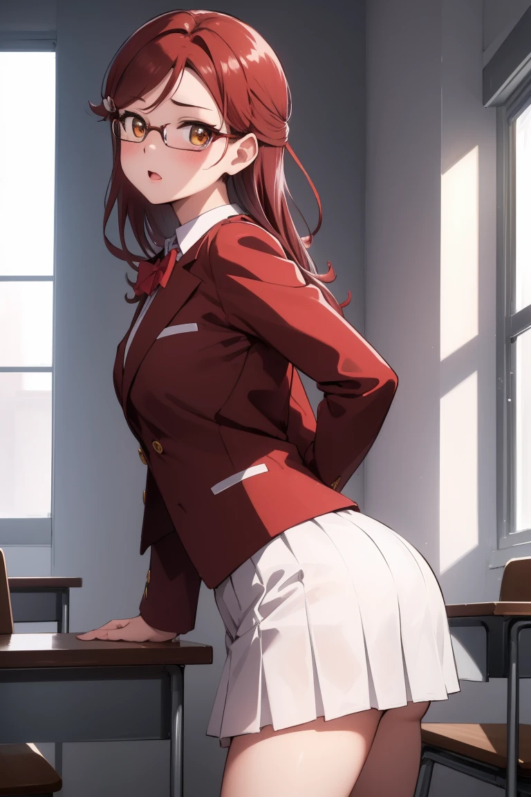 Rikosakurauchi, Riko Sakurauchi, (Brown eyes:1.5), hair between the eyes, wide, (Red hair:1.5), (Little mom:1.2),
BREAK glasses, high advanced breeding , Jacket de sport, red Jacket de sport, bow, bowtie, collar shirt, Jacket, long sleeves, pleated skirt,
REST looking at the viewer, standing,(from below:1.2), (Leaning forward:1.2), (arms behind the back:1.2),
break inside, classroom,
BREAK (Masterpiece:1.2), Best Quality, high resolution, unity wallpaper 8k, NSFW,(illustration:0.8), (Beautiful detailed eyes:1.6), extremely detailed face, perfect lighting, Extremely detailed CG, (perfect hands, perfect anatomy),