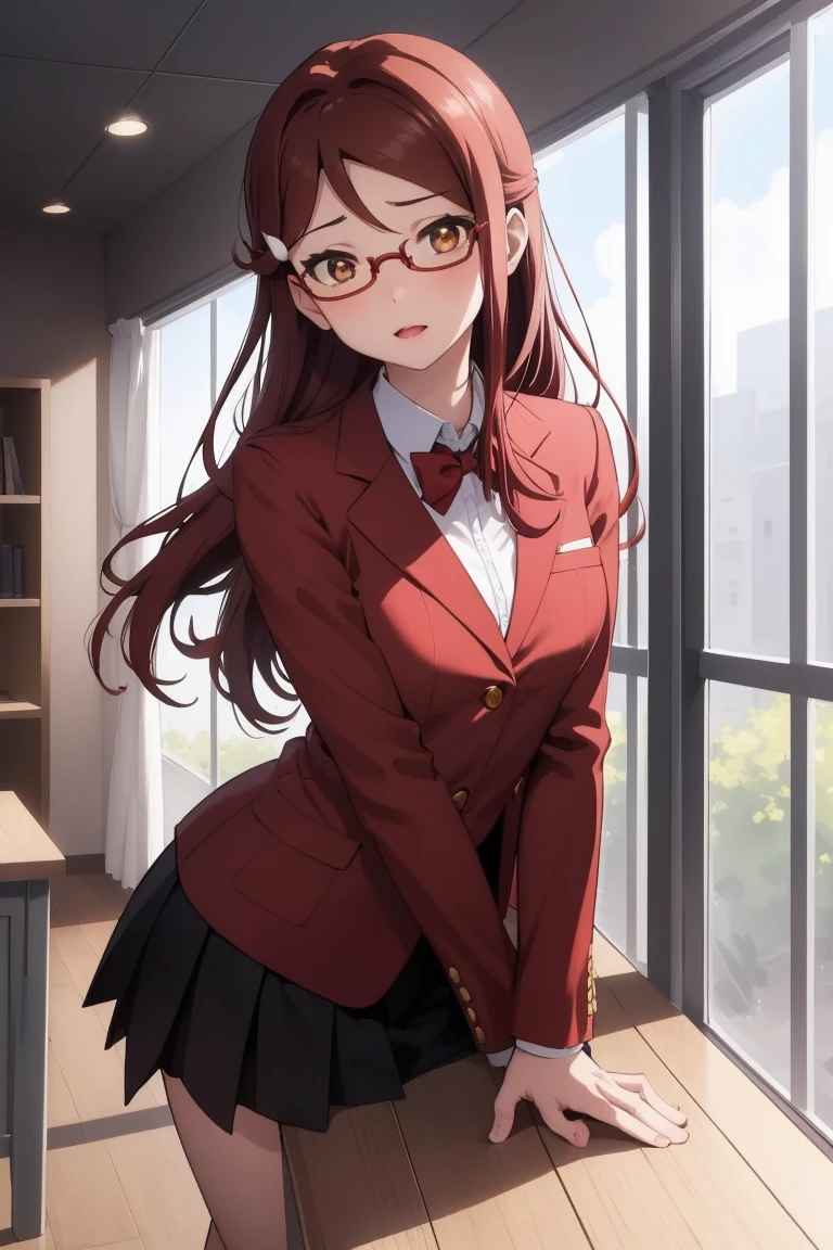 Rikosakurauchi, Riko Sakurauchi, (Brown eyes:1.5), hair between the eyes, wide, (Red hair:1.5), (Little mom:1.2),
BREAK glasses, high advanced breeding , Jacket de sport, red Jacket de sport, bow, bowtie, collar shirt, Jacket, long sleeves, pleated skirt,
REST looking at the viewer, standing,(from below:1.2), (Leaning forward:1.2), (arms behind the back:1.2),
break inside, classroom,
BREAK (Masterpiece:1.2), Best Quality, high resolution, unity wallpaper 8k, NSFW,(illustration:0.8), (Beautiful detailed eyes:1.6), extremely detailed face, perfect lighting, Extremely detailed CG, (perfect hands, perfect anatomy),