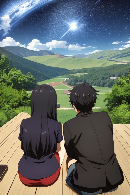 Draw a large anime scene of a high school, una fogata entre of the personas, mountain in front, front perspective, of the, solos, woman right side, hair color, long lead girl, man left side, black boy hair, people sitting together, from behind, Starry Night, tonos azulaof the oscuros, Masterpiece, melancholic scene