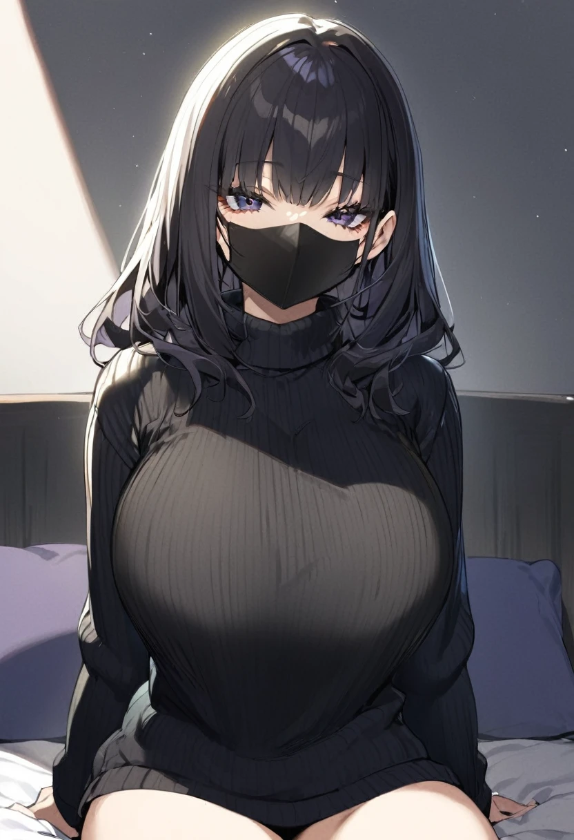 1 girl, black hair, big black sweater, The e cup bust, black facemask, sitting on bed, staring at camera
