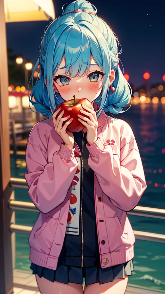 Wearing a souvenir jacket、woman、Eating an apple、Night Port、Embarrassed expression、 light blue hair, ear blush, full blush, Draw a clear face, Sea-view harbor, Eat an apple, Embarrassed face, Blushing, アニメ, Embroidered with Japanese patterns, varsity jacket, gradient hair, braided bun, cinematic lighting, uhd, highres, best quality, 8k