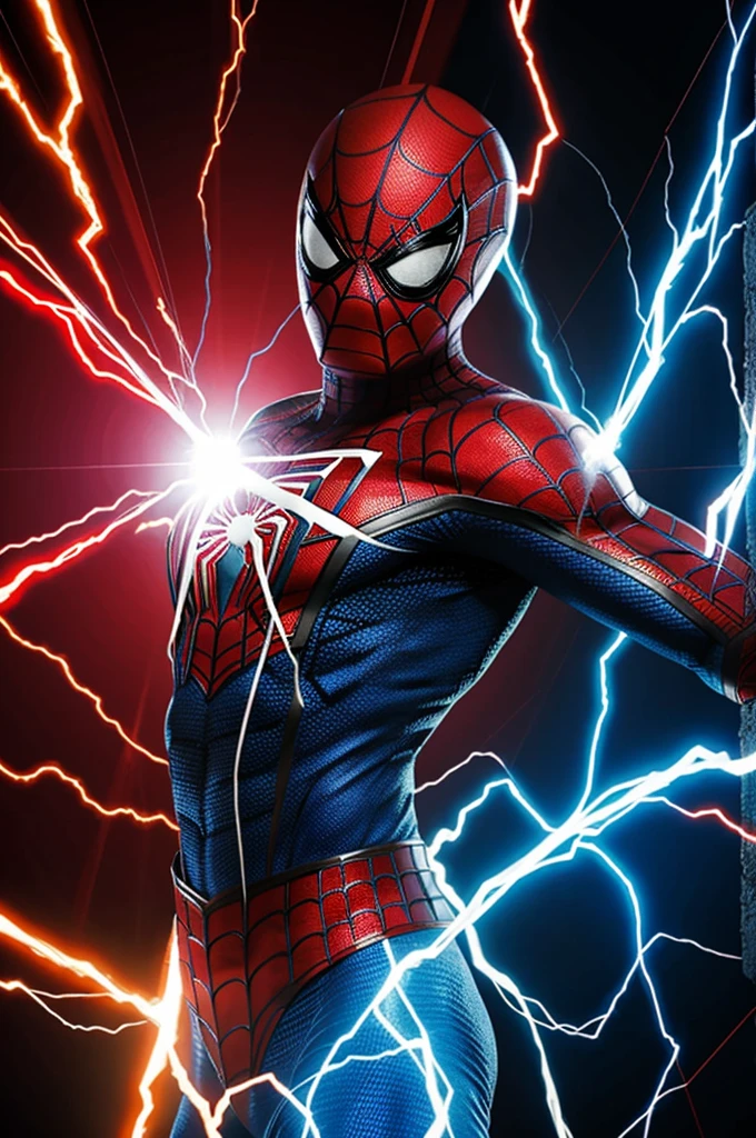 Spiderman without a mask with an aura of electricity like red and blue dragon ball with eyes with electricity, one red and one blue
