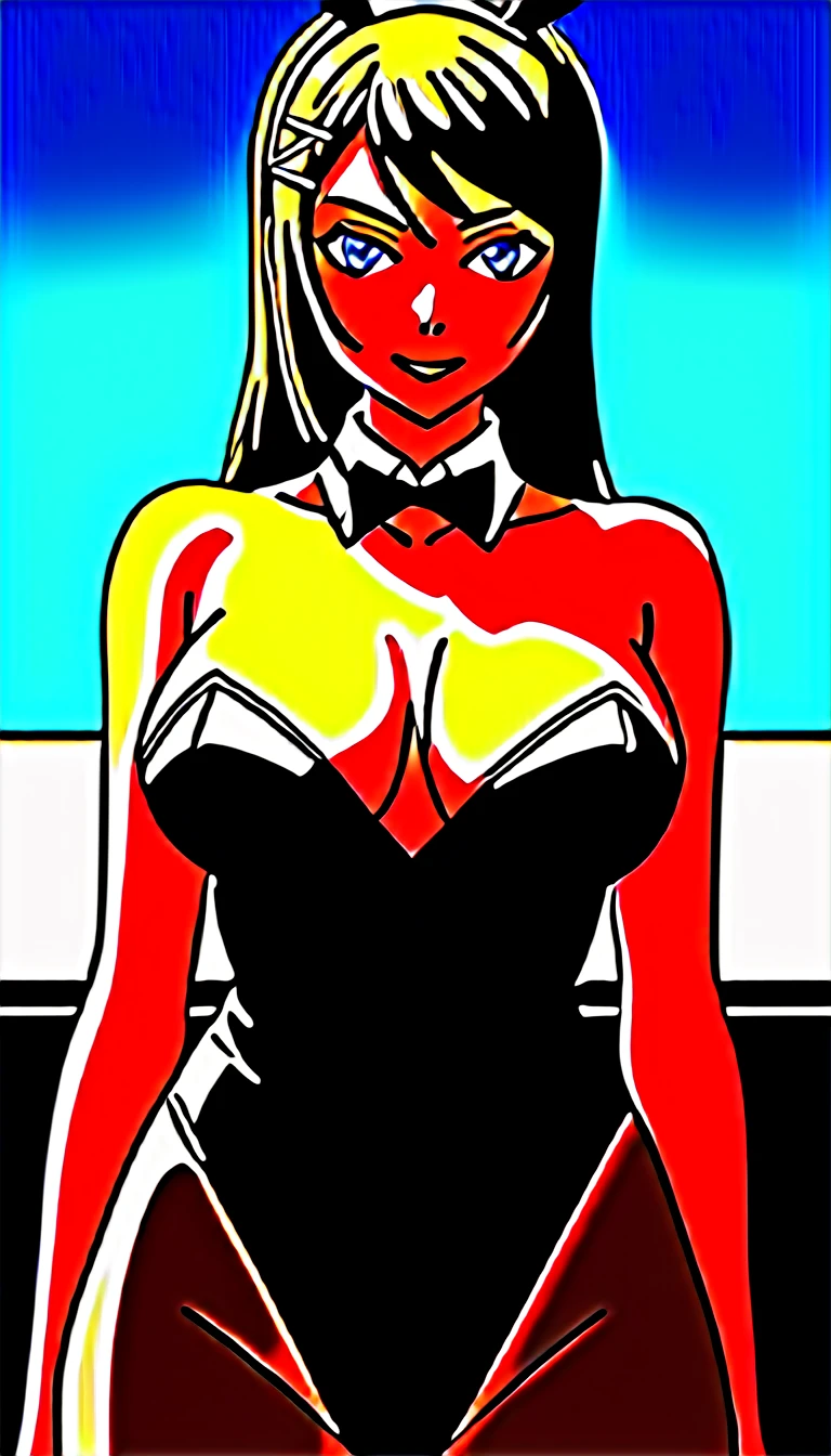 (Highest quality:1.2, High detail, masterpiece:1.2, Best aesthetics), (1 Girl), Cowboy Shot, ((Playboy Bunny, Fishnet tights:1.2, Bunny ears, ハイレグ leotard, 黒leotard:1.1, leotard)), Chabashira Sae, Beautiful detailed eyes, Beautiful detailed lips, Highly detailed face, Detailed Fashion, elegant, luxury, High quality fabric, Shine, Shine, smile, Random Pause, Dutch Angle, bar, Nightclub, night, Dramatic lighting, Cinematic, Bright colors, Intricate details, Chiaroscuro lighting.,large breasts