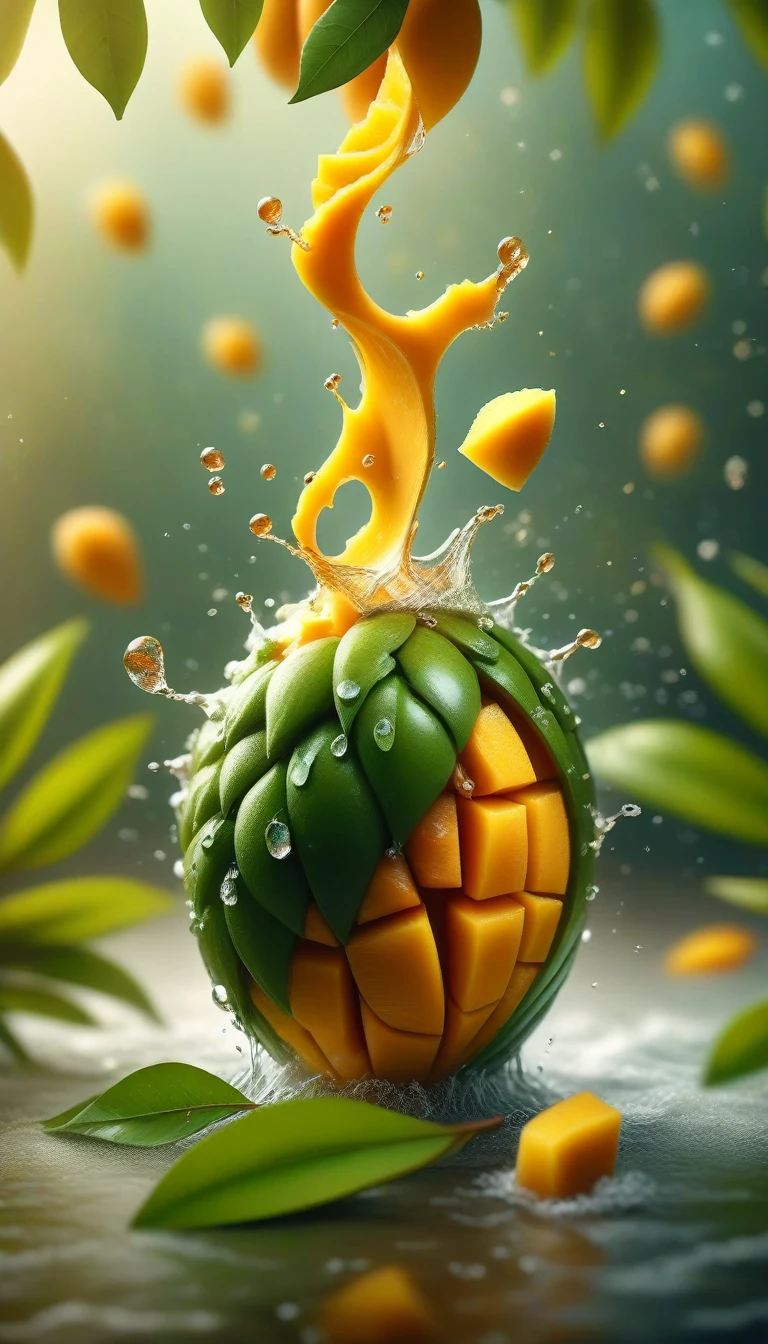 a Mango, leaves, splashing water, flashing particles, depth of field, clean background, (best quality,4k,8k,highres,masterpiece:1.2),ultra-detailed,(realistic,photorealistic,photo-realistic:1.37),HDR,UHD,studio lighting,ultra-fine painting,sharp focus,physically-based rendering,extreme detail description,professional,vivid colors,bokeh,horror,dark,dramatic lighting
