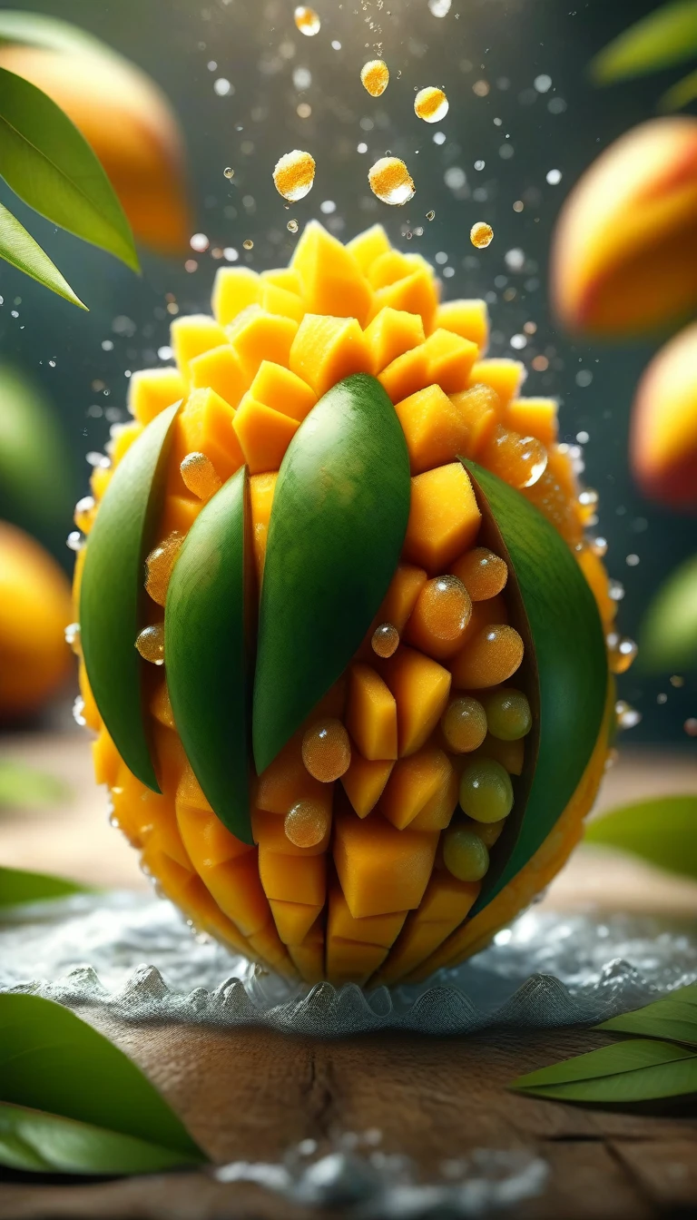 a Mango, leaves, splashing water, flashing particles, depth of field, clean background, (best quality,4k,8k,highres,masterpiece:1.2),ultra-detailed,(realistic,photorealistic,photo-realistic:1.37),HDR,UHD,studio lighting,ultra-fine painting,sharp focus,physically-based rendering,extreme detail description,professional,vivid colors,bokeh,horror,dark,dramatic lighting
