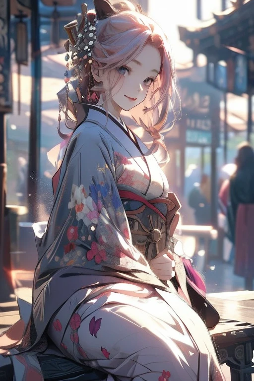 Perfect face. Perfect hands. A pink haired woman with violet eyes and an hourglass figure in a kimono is sitting on a bench with a big smile