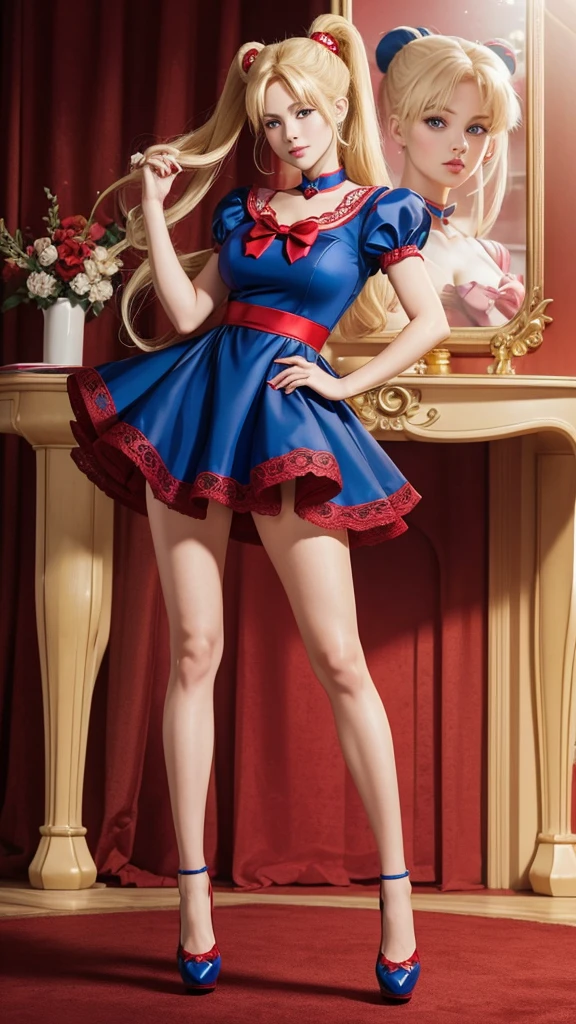 Digital Art  woman with blonde hair, blue eyes, two buns, heart shaped face in red lace dress with high heel shoes standing similar to Usagi Tsukino character from Sailor Moon anime style 