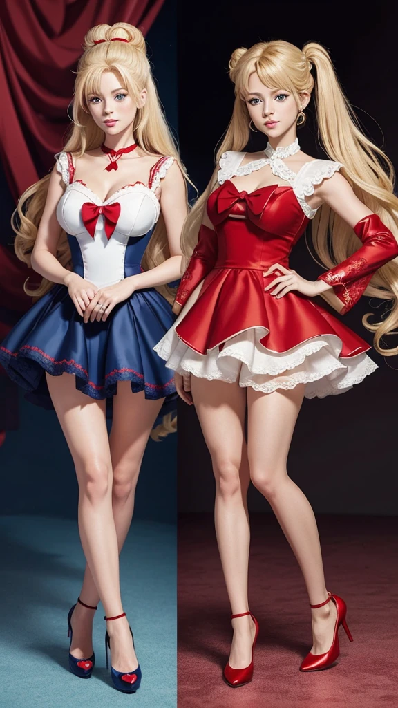Digital Art adult woman with blonde hair, blue eyes, two buns, heart shaped face in red lace dress with high heel shoes standing similar to Usagi Tsukino character from Sailor Moon anime style