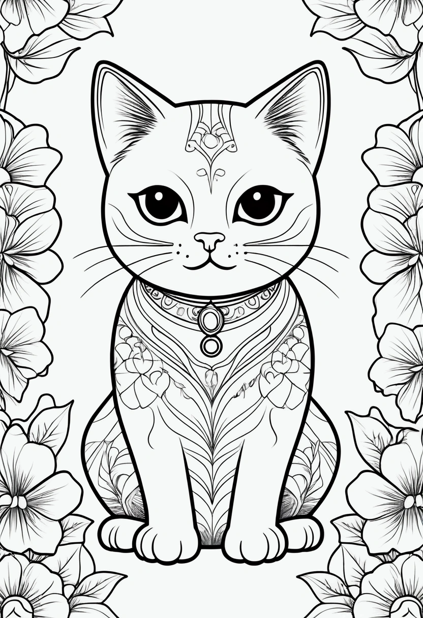pussycat,cuddly, chibi, simple background, adorable animal, kawaii, vibrant colors, A printable black and white coloring page featuring cats, clean line art, The line is quite simplified.