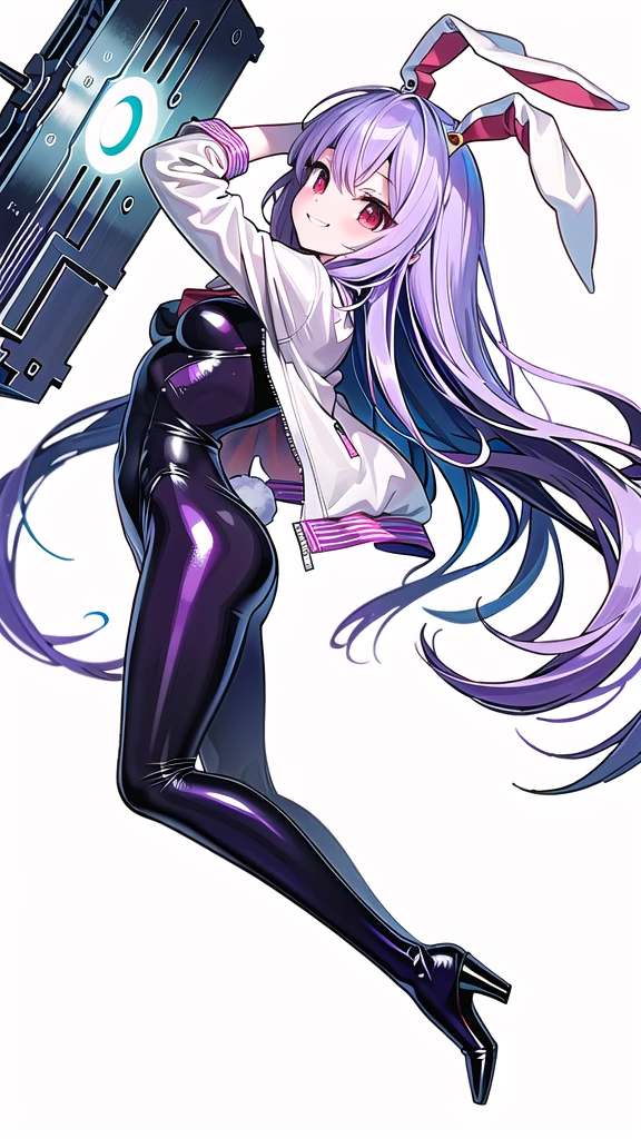 (((high quality))),(((masterpiece))),(((highly detailed))),((illustration style)),(((one girl))),(((reisen udongein inaba))), (touhou),(((red eyes))),rabbit girl,(((rabbit ears))),rabbit tail,(((light purple hair))),(((very long hair)))(((white leather jacket))),(((blue full bodysuit))),((latex)), (shiny clothes:1.2),(((grin))),(((full body))),(((arm behind head))),(((model posing))),((((simple white background))),(((Side angle)))