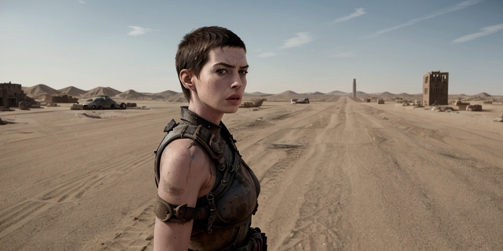 A detailed shot of Anne Hathaway as Furiosa, in a deserted city. Abandoned, desolated city. . A postapocaliptic shot. wasteland. George Miller´s Mad Max Fury Road. Cinematic. 4k. HD.