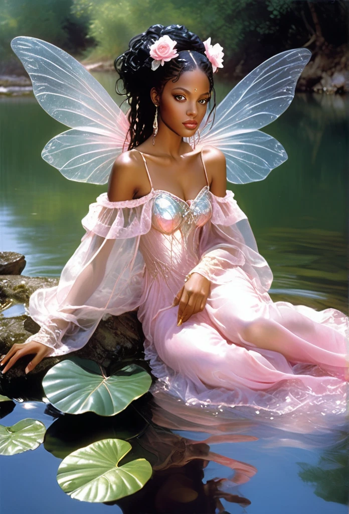 double exposure,A masterpiece,a black girl fairy,big translucent wings,very adorned hair and dress,(black skin)(full body) sitting on a leaf,river, cristal clear water,oil painting,by luis Royo, drawn pencil art, ultra detailed, lips ultra gloss, long. wavy hair, dressed long,transculent, dressing, pink cup, bacground vintage, perfect hands, hearts, rose, filigree, glowing, shadowy, ultra quality, 3d, spoked hairstyle