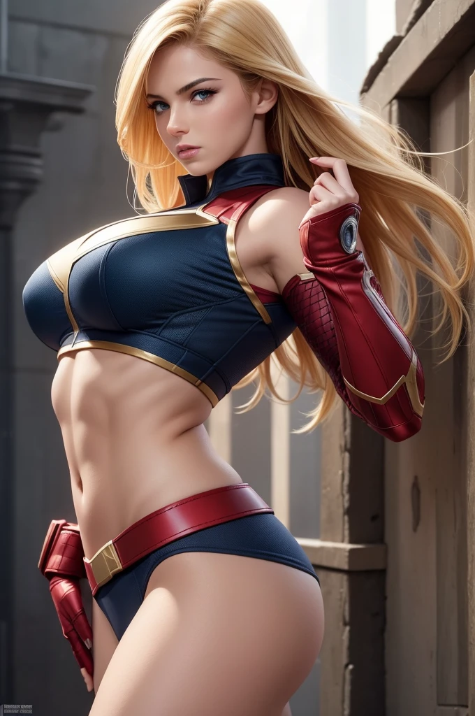 sexy captian marvel in midriff costume, side view, athletic and fit body, naughty, slutty, perfect hands, detailed hands, perfect eyes, detailed eyes, flirty, sexy, naughty, posing, hands and arms at sides, large perky , realistic, HDR, UHD, dynamic, perfect face, blonde hair