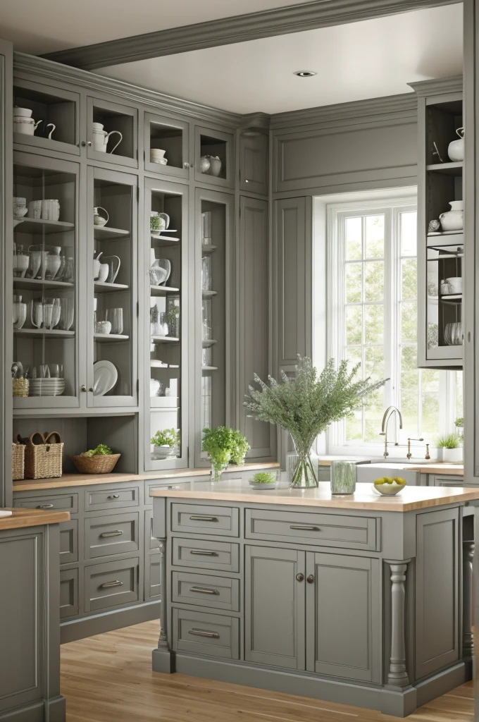 Kitchen island Green spaces interiors dove gray terracotta glass mirror.