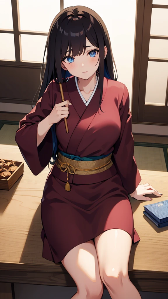 Beautiful japanese girl teacher with blue eyes attractive body showing her with brown hairs stick in her hands