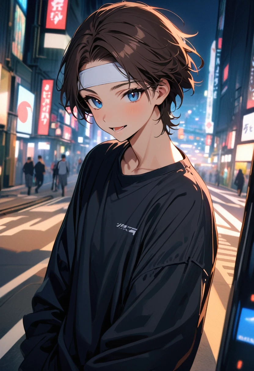 (masterpiece, best quality:1.3), (A young man, 21-years-old, solo, Caucasian, short wavy dark brown hair, cheerful smile, mouth open, blue eyes, perfecteyes:1.1), (dark blue oversized shirt, long sleeves, white headband tied around forehead, gray sweatpants, Tokyo city, upper body, night:1.2)