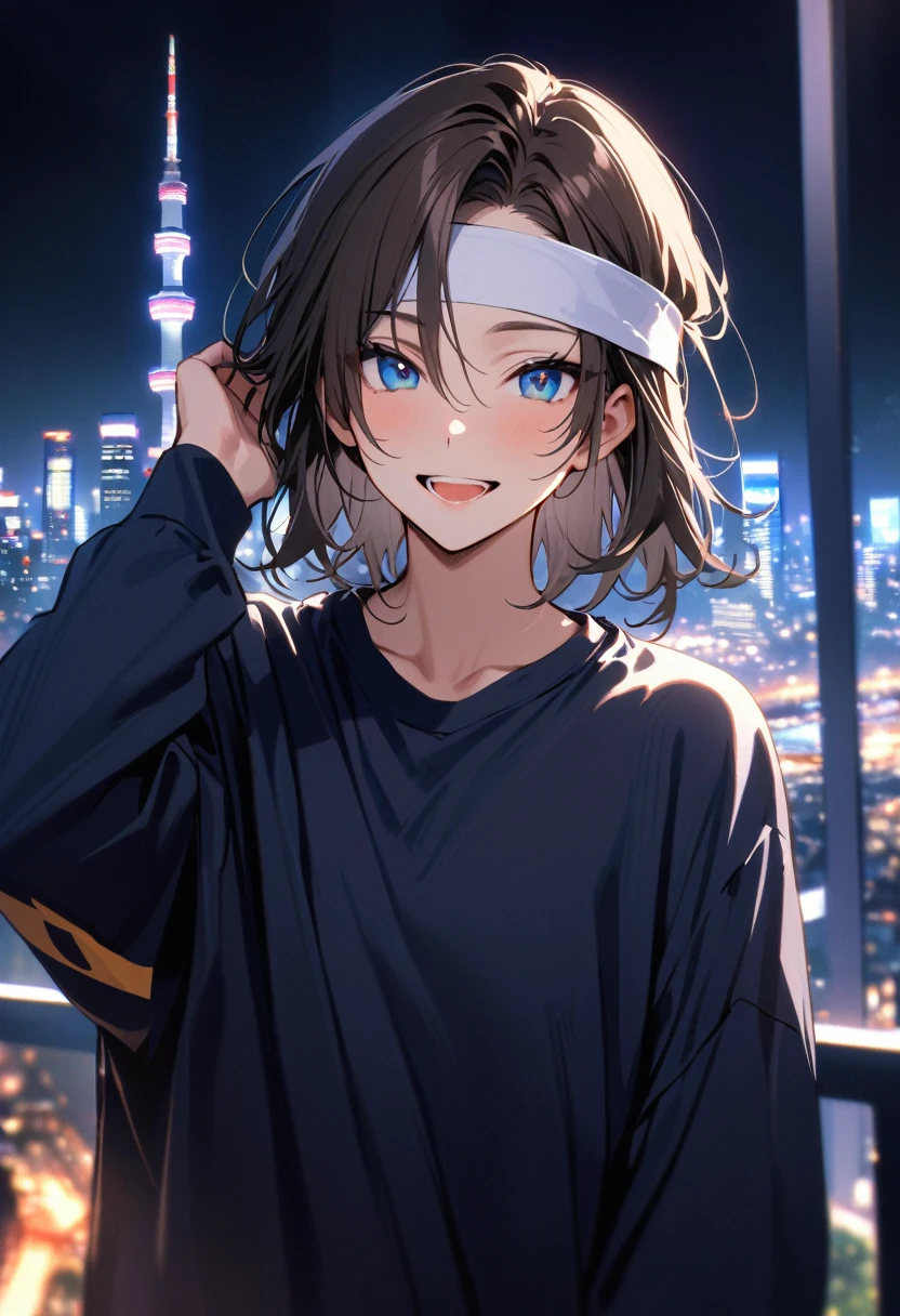 (masterpiece, best quality:1.3), (A young man, 21-years-old, solo, Caucasian, short wavy dark brown hair, cheerful smile, mouth open, blue eyes, perfecteyes:1.1), (dark blue oversized shirt, long sleeves, white headband tied around forehead, gray sweatpants, Tokyo city, upper body, night:1.2)