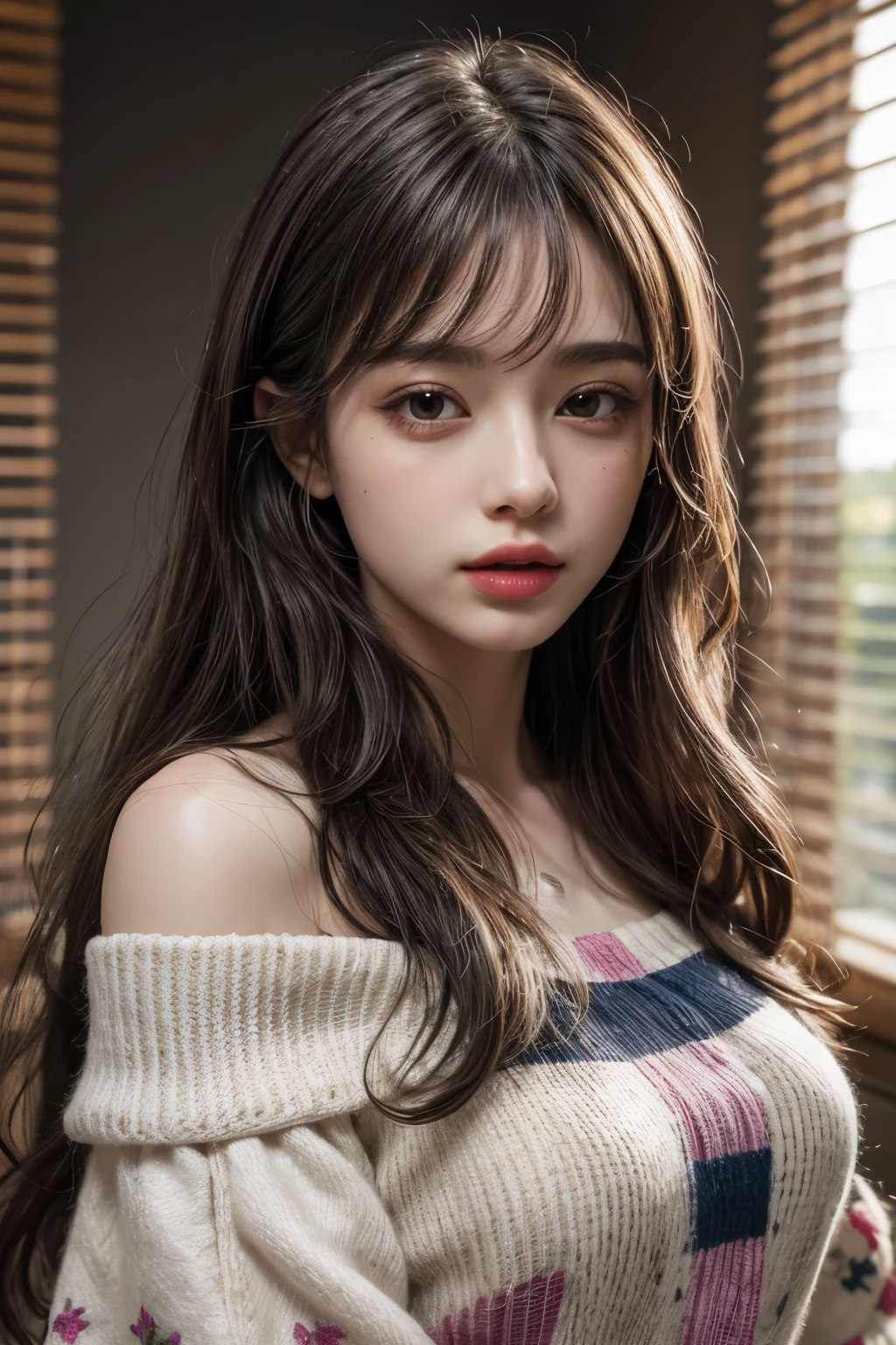 In detail, High resolution, In 8K、Brown Hair,Photorealism, Tabletop, Wavy Hair, Open your mouth, Very detailed, Off the shoulder,1 girl