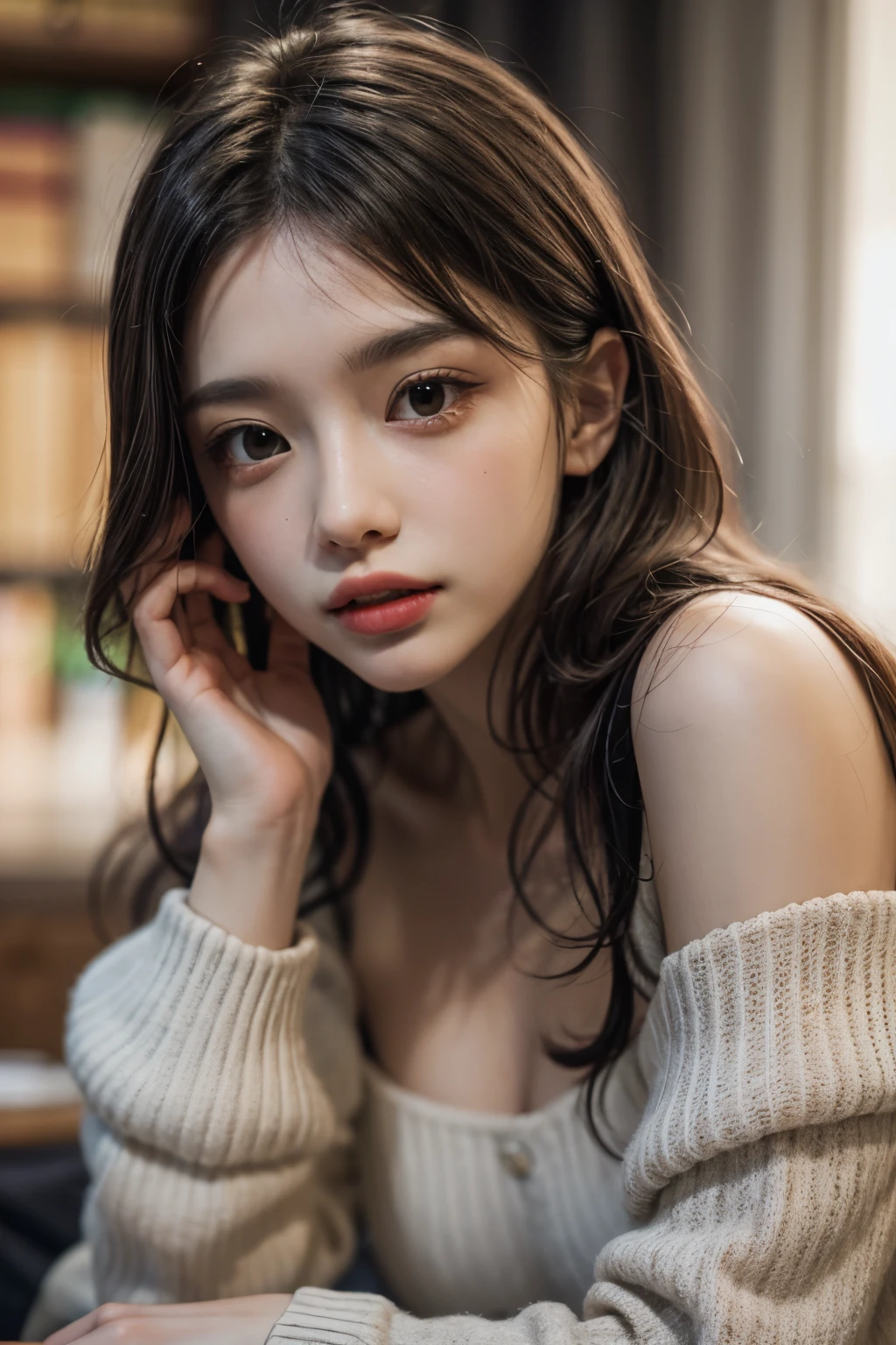 In detail, High resolution, In 8K、Brown Hair,Photorealism, Tabletop, Wavy Hair, Open your mouth, Very detailed, Off the shoulder,1 girl