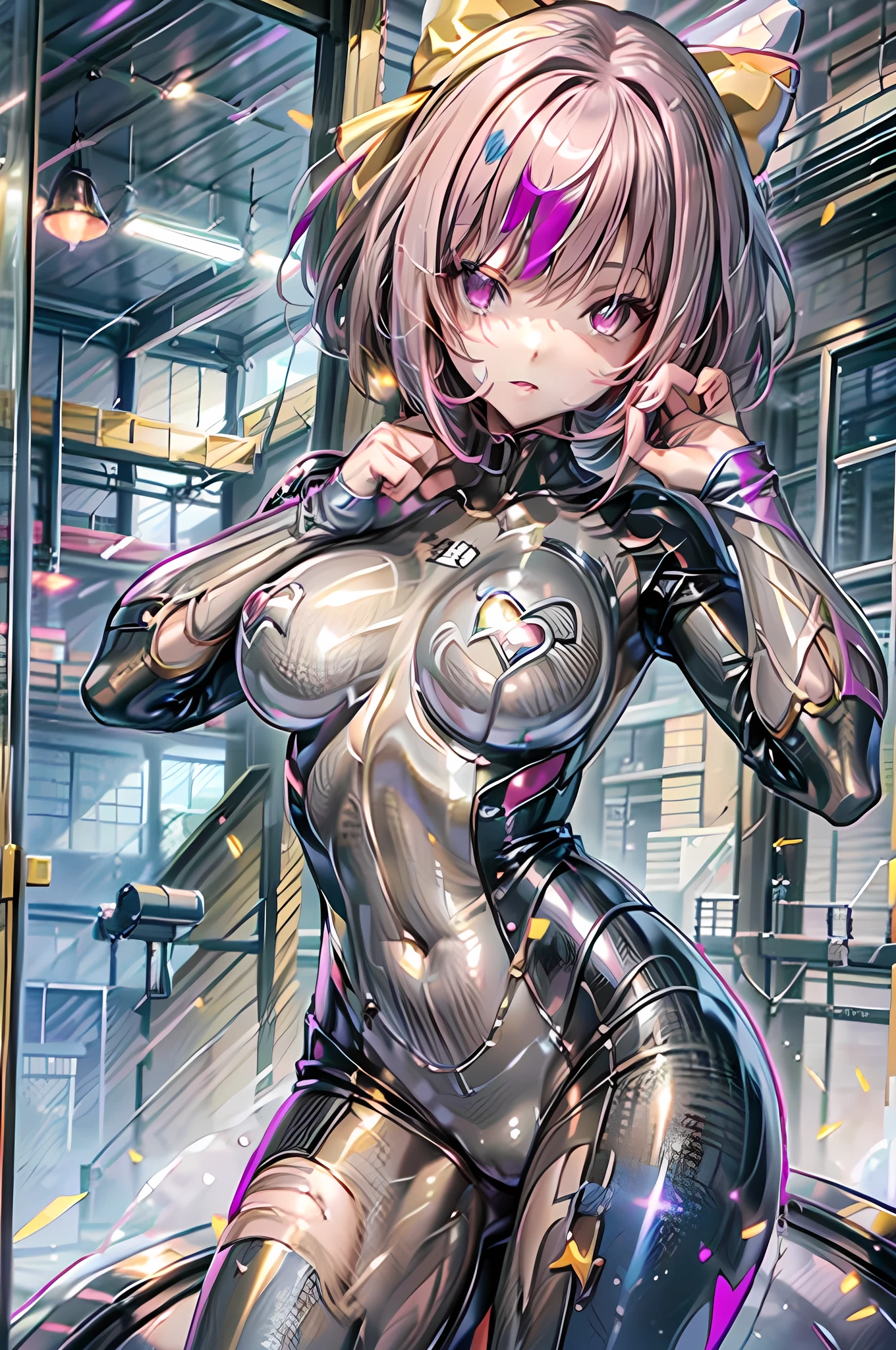 Maintain aspect ratio, Anime-style girl in shiny silver suit posing in a glass room, Perfect Anatomy, Beautiful body, Beautiful Hands, Beautiful fingers, (hmcanon:1.2), BREAK (pink hair) BREAK, (very short hair), Beautifully detailed hair, BREAK (yellow hair bow:1.2) BREAK, in 8K, glossy latex suit, (((Transparent latex suit))), (((Transparent latex suit)))、short golden hair with arms behind head, Beautiful woman with pink eyes, Detailed face, She seduces me with a mischievous smile, Latex suit that shows off your body line beautifully, Upper body only, magic circle:1.2, nightpool, Heart effect:1.1, masterpiece, Highest quality, high resolution, Super detailed, Winner of numerous top awards,