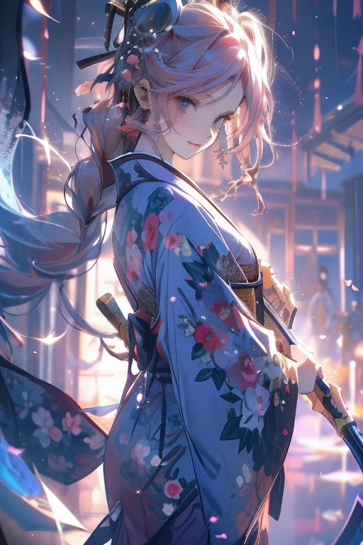 Perfect face. Perfect hands. A pink haired woman with violet eyes and an hourglass figure in a kimono is spinning her scythe in a shrine with an eager grin in a flurry of peony petals