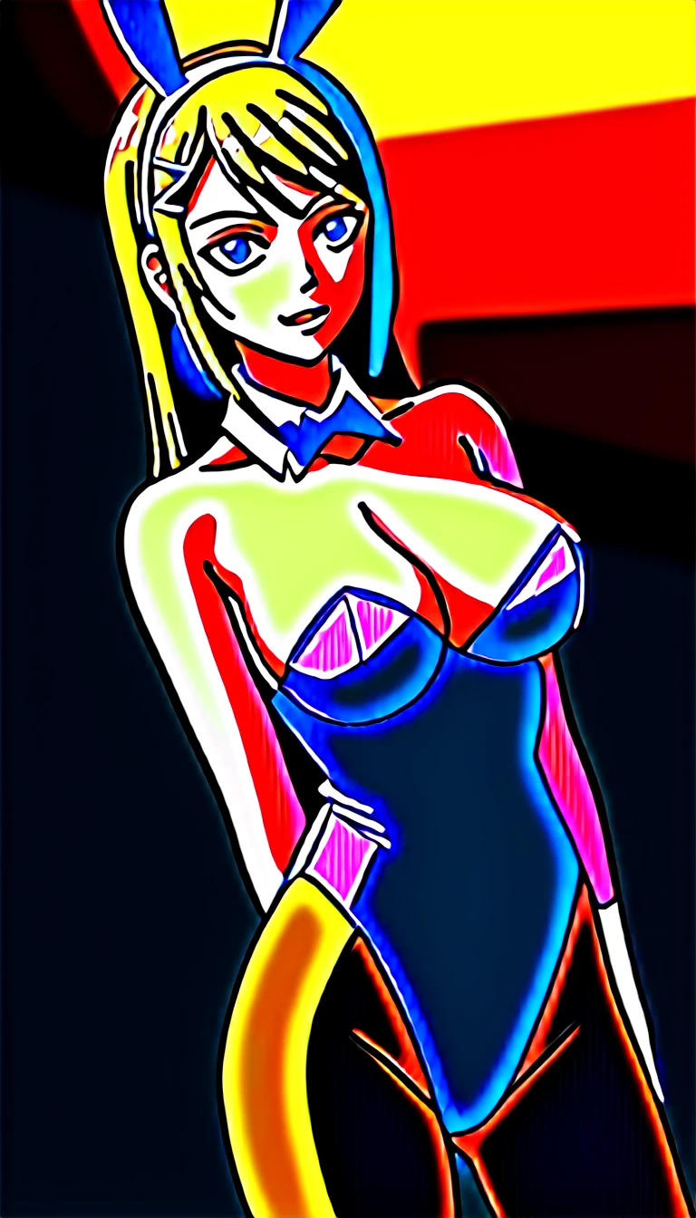 (Highest quality:1.2, High detail, masterpiece:1.2, Best aesthetics), (1 Girl), Cowboy Shot, ((Playboy Bunny, Fishnet tights:1.2, Bunny ears, ハイレグ leotard, 黒leotard:1.1, leotard)), Chabashira Sae, Beautiful detailed eyes, Beautiful detailed lips, Highly detailed face, Detailed Fashion, elegant, luxury, High quality fabric, Shine, Shine, smile, Random Pause, Dutch Angle, bar, Nightclub, night, Dramatic lighting, Cinematic, Bright colors, Intricate details, Chiaroscuro lighting.,large breasts