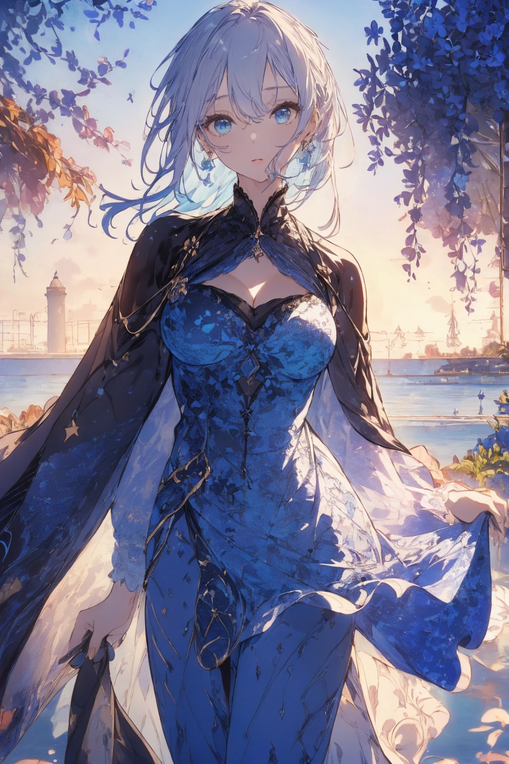 (summer clothing photo:1.1, in blue waterfront garden:1.5), Masterpiece, best quality, (very detailed CG unity 8k wallpaper), (best quality), High definition RAW color art, Animation,sculptures, (black Marble Skin), (((Ultra detailed elegant))), Magical atmosphere, Detailed skin, Texture,(Intricately detailed, Fine detail, ultra-detail art), depth of fields, bokeh, Silky Touch, Hyper Detail, beautiful eyes, Elegant Face, (lying on blue waterfront), sparkle background, enormous :1.3, (silver hair), pastel purple, embarrassing face, wide open udder, short hair